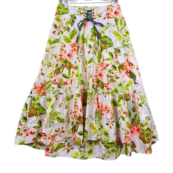 Tommy Hilfiger Blue Pinstripe Floral Print Waist Lace Up Ruffle Hem Midi Skirt - Picture 3 of 14